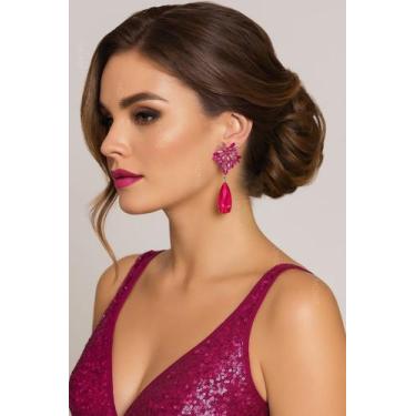 Imagem de L1905-Brinco Gota Grande Flor Strass Zircônia Rosa Pink Azul Furta cor
