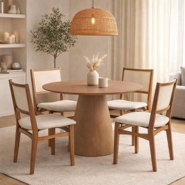 Imagem de Conjunto Sala de Jantar Serena com Mesa e 4 Cadeiras com Encosto em Tela Mira Madeira Nogueira/Bege