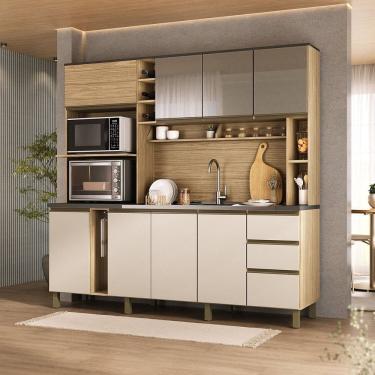 Imagem de Cozinha Compacta 205cm Mdf 1,5cm com Portas de Vidro Érica Amendoa / off white