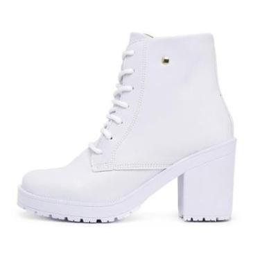 Imagem de Bota Coturno Branco Feminino com Salto Grosso Fechamento Zíper e Cadarço-Feminino