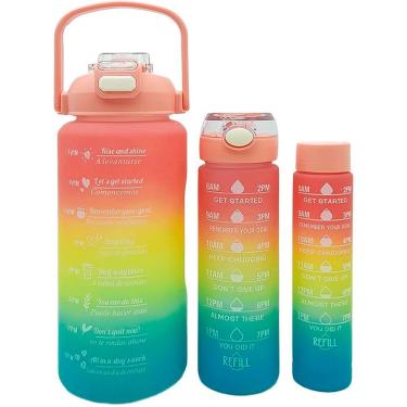 Imagem de Garrafa para Água Kit Garrafas de Água Kit 3 Peças para Treino com Frases Motivacionais Bpa Free 2L 900ml 300ml Rosa