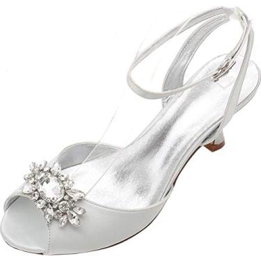 Imagem de Sapatos de casamento femininos para noivas strass peep toe vestido sandália festa escarpim tira no tornozelo salto gatinha sandália, Prata, 9.5