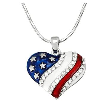 Imagem de DianaL Boutique Colar patriótico vermelho branco azul bandeira americana EUA pingente coração 4 de julho presente do Dia da Independência.., Esmalte, Não conhecido