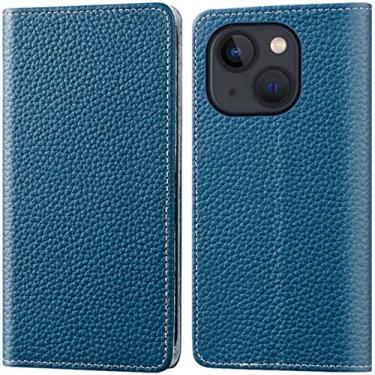 Imagem de TTUCFA Litchi Pattern Flip Case para Apple iPhone 13 Mini (2021) 5,4 polegadas, carteira de couro magnética Folio Kickstand capa de telefone [porta-cartão] (Cor: azul)