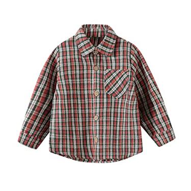Imagem de Zanjkr Camiseta fashion para menino, jaqueta de flanela infantil xadrez manga longa lapela botão camisa meninos casaco top coat (marrom, 9-12 meses)