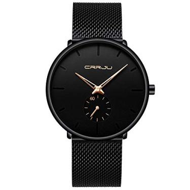 Imagem de CRRJU Relógio masculino minimalista preto casual moderno quartzo, pulseira de aço em malha Japan Movimento de quartzo （Preto vermelho）