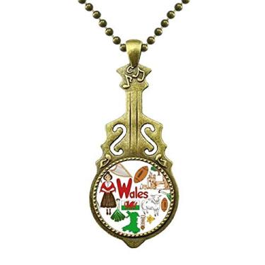 Imagem de DIYthinker Colar com bandeira nacional de Wales Love Heart Reino Unido Landscap antigo pingente de música de guitarra