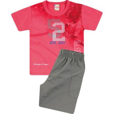 Imagem de Conjunto Bebê Brandili Camiseta e Bermuda - Em Meia Malha e Sarja - Vermelho e Cinza 01
