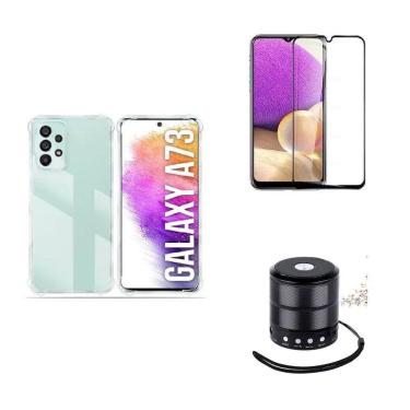 Imagem de Kit Mini Som Bluetooth Samsung A73 + Capa Anti Impacto + Película Vidro 3D