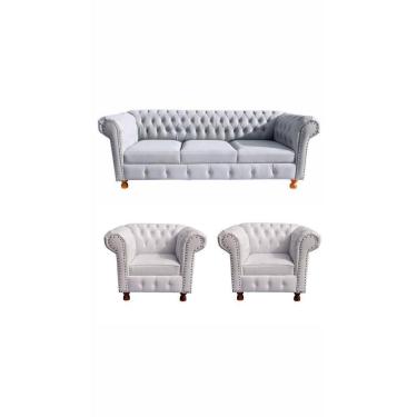 Imagem de Um Sofá Luiz XV 200cm + Duas Poltronas Luiz XV Corano Branco