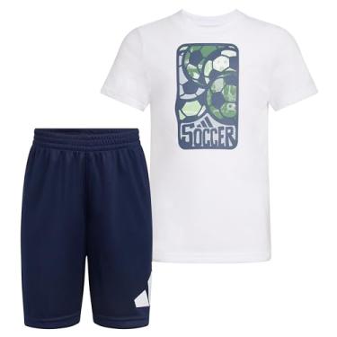 Imagem de adidas Conjunto de 2 peças para meninos camiseta de manga curta e shorts de poliéster, branco e azul escuro, 7, Branco e azul escuro, 7