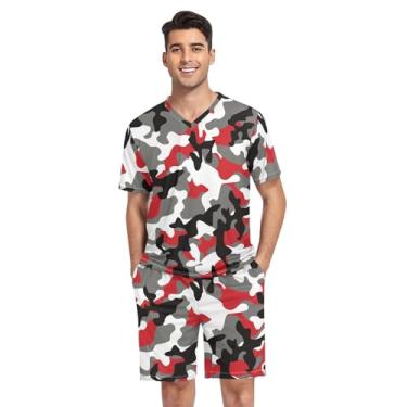 Imagem de KLL Conjunto de pijama masculino camuflagem vermelho cinza 2 peças pijama manga curta pijama com bolsos, Camuflagem, vermelho, cinza, M