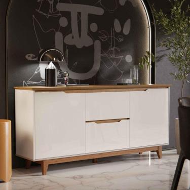 Imagem de Aparador Buffet Sala Flow 2 Portas 2 Gavetas com Pés de Madeira OffWhite com Freijó - Rede Móveis