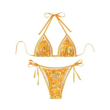 Imagem de WDIRARA Conjunto de biquíni feminino de 2 peças, boêmio, estampa floral, frente única, triângulo, conjunto de biquíni de praia, Amarelo multi, G