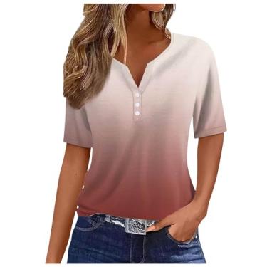 Imagem de Camisetas femininas de verão da moda Henley gola V abotoadas blusas soltas boho manga curta blusas túnica casuais elegantes, 011 Vermelho, XXG