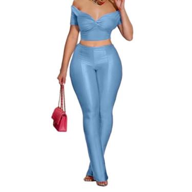 Imagem de Ekaliy Conjunto feminino sexy de 2 peças com ombro de fora, manga curta, blusa rodada, roupa noturna, 4026-azul-celeste, G