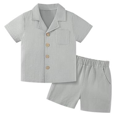 Imagem de Weixinbuy Conjunto de roupas para bebês meninos, roupa de verão, algodão, linho, manga curta, bolso superior, camisa de botão, conjunto curto, Cinza, 12 -18 Months