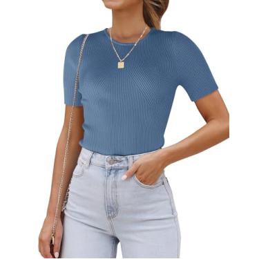 Imagem de HAEOF Camiseta feminina 2024 verão manga curta malha canelada slim justa camiseta básica casual, Cinza e azul, P