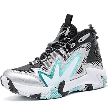 Imagem de JMFCHI Tênis de basquete infantil de cano alto, tênis esportivo durável, com cadarço, antiderrapante, seguro para crianças pequenas, crianças grandes e meninos e meninas, Preto/Prata 8151, 6.5 Big Kid