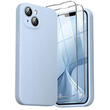 Imagem de GOODVISH [Capa de silicone líquido 3 em 1 projetada para iPhone 14 (6,1 polegadas) 2022 [proteção de câmera atualizada], com 2 protetores de tela, à prova de choque, capa fina de borracha gel antiarranhões, azul e cinza