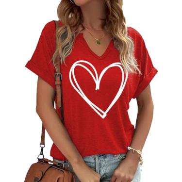 Imagem de Earlymemb Camiseta feminina com estampa de coração e decote em V para o dia dos namorados para casal, casual, de manga curta, para presente, A-vermelho-5, M