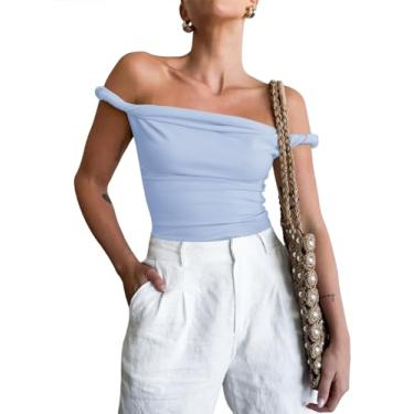 Imagem de Tankaneo Camiseta regata feminina com ombros de fora, sem mangas, caimento justo, elástica, Y2K, Azul, GG