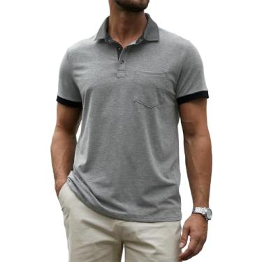 Imagem de Hardaddy Camisa polo masculina casual com bolso, cor contrastante, manga curta, trabalho, camisetas de verão, Cinza claro, G