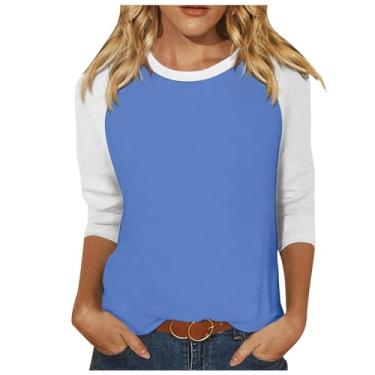 Imagem de Camisetas femininas de manga 3/4 de comprimento de verão com gola redonda e comprimento três quartos camisetas raglan colorblock, Ofertas relâmpago azul claro, XXG