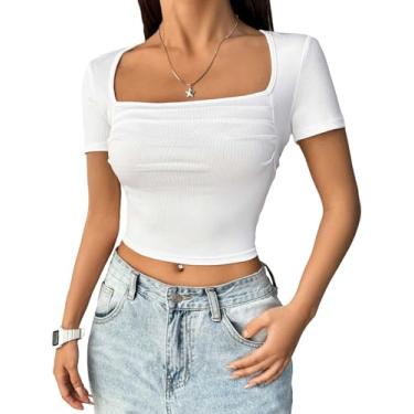 Imagem de SweatyRocks Camiseta feminina gola quadrada franzida manga curta slim fit casual cropped tops branco grande