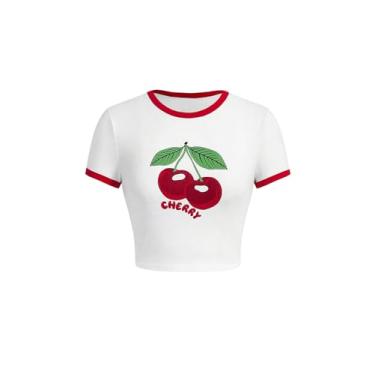 Imagem de Floerns Camisetas femininas de manga curta com estampa de letras contrastantes, Creme branco, P