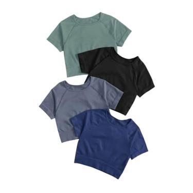 Imagem de MakeMeChic Pacote com 4 camisetas femininas cropped de manga curta para ioga e corrida, Multicolorido F, P