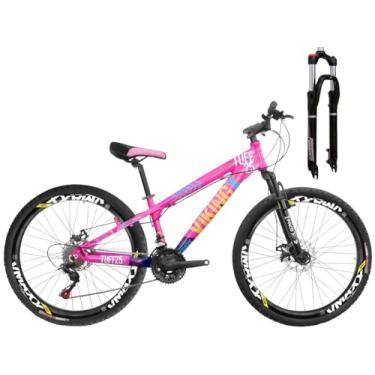 Imagem de Viking Tuff X25 Aro 26 Bicicleta 24 Marchas Infantil Em Aluminio 6061 Aros Aeros Freio a Disco Hidraulico Garfo com Suspensão 100mm com Trava,Rosa Azul