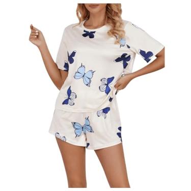 Imagem de RoseSeek Conjunto de pijama feminino, 2 peças, borboleta, manga curta, conjunto de pijama de verão, Branco, azul, M