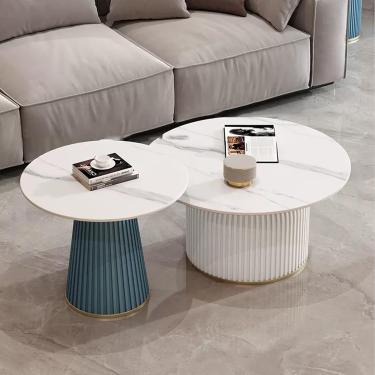 Imagem de Conjunto de 2 mesas de centro redondas com padrão de mármore, mesa lateral moderna e simples para sala de estar, quarto, varanda, quintal, azul + branco