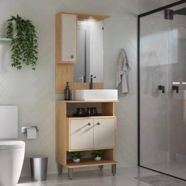 Imagem de Conjunto de Banheiro Gabinete 2 Porta com Cuba de Sobrepor Espelheira 1 Porta com Led Eleganza Carvalho/Arenas