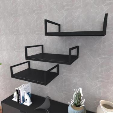 Imagem de Kit com 3 Prateleira industrial suspensa parede nicho preta cozinha es