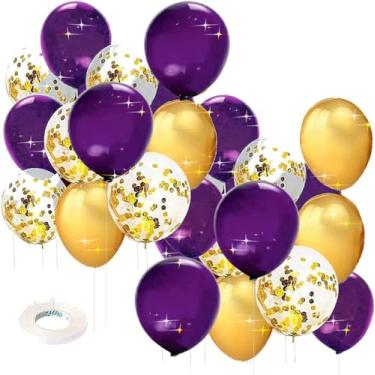 Imagem de Decorações de formatura 2023 ouro roxo ouro/roxo decorações de festa de formatura classe de 2023 NYU balões de ouro roxo para decorações de festa de aniversário para mulheres/chá de panela casamento