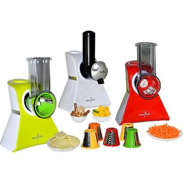 Imagem de 110v Branco Ralador elétrico de queijo e Maquina de Sorvete, cortador, 7 em 1 para cozinha doméstica, controle fácil de um toque, com barra de segurança, Fatiador,queijo, legumes 150w