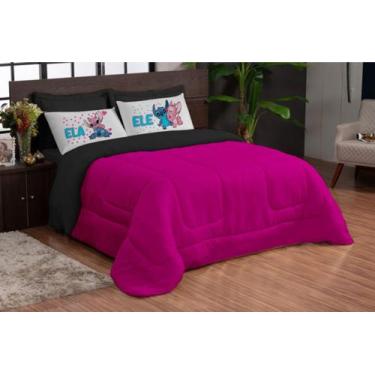 Imagem de Kit Edredom Casal Queen Dupla Face 5 pcs Stich Pink Preto - TheoVitex