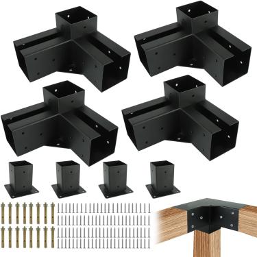 Imagem de Kit de suportes de gazebo Pergola Nopwer – Suporte de canto de ângulo reto de 3 vias para vigas de madeira de 10 x 10 cm