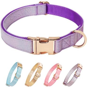 Imagem de ZQDJ Coleira de cachorro roxa brilhante de couro e nylon com design espesso de camada dupla ajustável, durável, resistente, fivela de metal para cães pequenos, médios e grandes, G, pescoço 39,9-69 cm