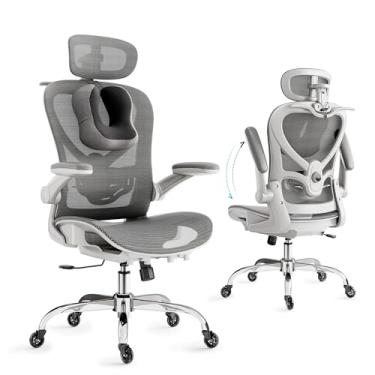 Imagem de LarkLeaves Cadeira Escritorio com Travesseiro para Pescoço e Encosto de Cabeça 3D, Cadeira Ergonomica com Cabide e Rodas de Borracha, Cadeira Presidente com Suporte Lombar 2D e Braços Rebatíveis,Cinza