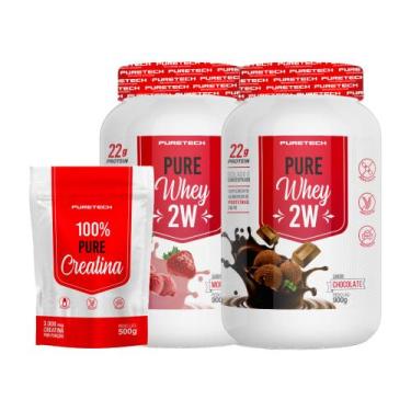 Imagem de Kit 2x Whey Pure 2W 900g + Creatina 100% Pura 500g PURETECH, Morango+C
