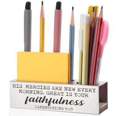 Imagem de Porta-lápis e caneta com versículo bíblico Lamentations 3:23, Great Is Your Faithfulness, presentes espirituais para pastores, professores, mentores, líderes espirituais, suporte de lápis de presente