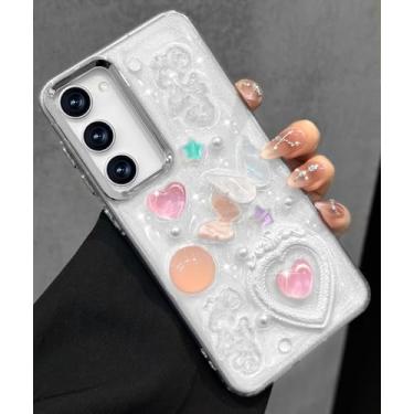 Imagem de Toycamp Capa feminina para Samsung Galaxy S23 - Capa de telefone feminina fofa para Samsung S23 Kawaii Estética bonita exclusiva Glitter Bling Sparkle Wave Design Funda para S 23, coração rosa