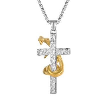 Imagem de FYNSBLE Colar de cruz masculino de aço de titânio King Cobra, pingente exclusivo de cobra, ouro, prata, pingente de cobra, grande crucifixo, joia de presente para homens, Metal, Sem Pedra Preciosa