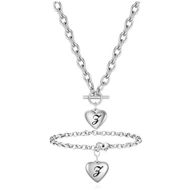Imagem de VQYSKO Conjunto de pulseiras de colar com iniciais de coração de prata - A-Z pulseira gravada em aço inoxidável, joia feminina, presente de festival de aniversário, Aço inoxidável, aço inoxidável