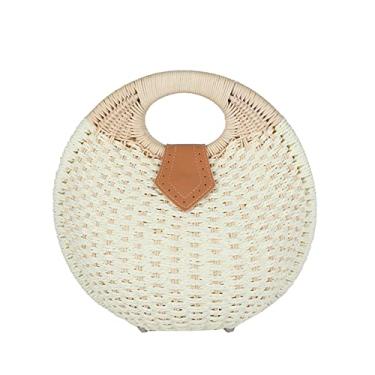 Imagem de Bolsas femininas de palha redondas tecidas femininas e femininas bolsas femininas pequenas e casuais para praia(White)