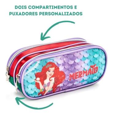 Imagem de Estojo Escolar Infantil Menina Sereia Ruiva Denlex, Vermelho