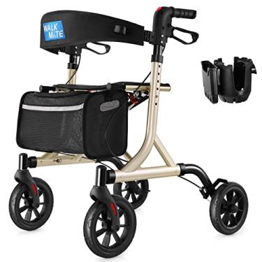 Imagem de WALK MATE Rollator Walker for Seniors with Cup Holder, Upgraded Thumb Press Button for Height Adjustment, 4 x 8" Wheels Walker with Seat Padded Backrest Folding Lightweight Walking Aid, Blue, Gold